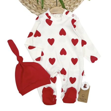 Salopete - Set salopeta si caciulita cu inimioare