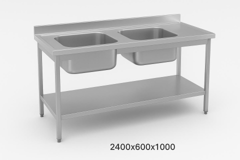 Masa cu cuve inox - Masa 2400x600x1000 cu 2 cuve 500x500x350 cu 1 polita