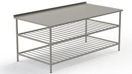 Mobilier Inox - Masa din inox cu bordura si 2 polite grila 2850x1200x850 mm