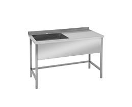 Мебель из нержавеющей стали - Стол из нержавеющей стали с одной мойкой 750x500x850мм слева, с бортиком у стены, без полки.