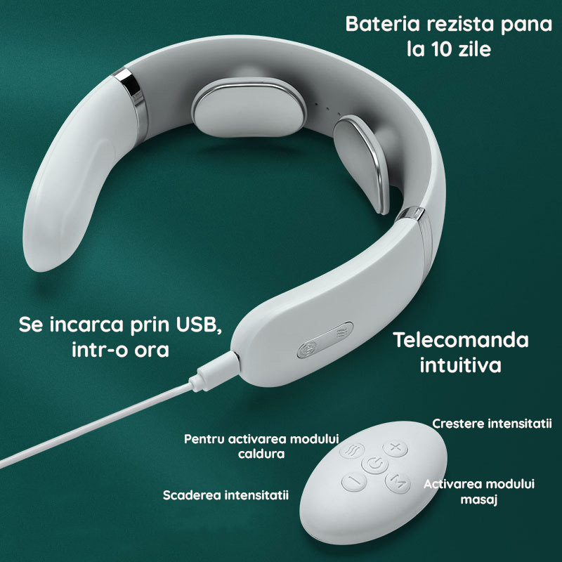 Aparat de Masaj Cervical Multifunctional 3D Clavi, Portabil, Impulsuri Electromagnetice, Telecomanda si Voce, pentru Dureri de Gat si Spate, 5 Moduri de Masaj, 16 Nivele de Intensitate, Alb [7]