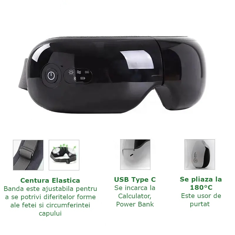 Aparat de Masaj pentru Ochi Clavi, Bluetooth, Muzica Ambientala, 4 Moduri de Masaj, Compresie Termica, Presopunctura, Perne de Aer, Vibratii, Reincarcabil USB, Banda Reglabila, Relaxare si Stimulare Vizuala, Negru [11]