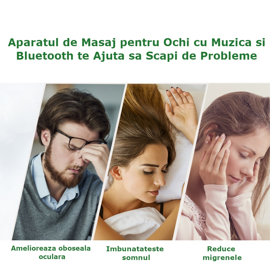 Aparat de Masaj pentru Ochi Clavi, Bluetooth, Muzica Ambientala, 4 Moduri de Masaj, Compresie Termica, Presopunctura, Perne de Aer, Vibratii, Reincarcabil USB, Banda Reglabila, Relaxare si Stimulare Vizuala, Negru [6]