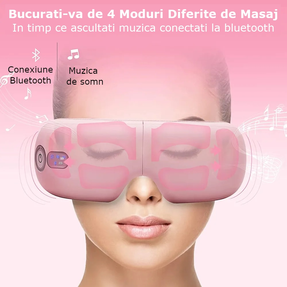 Aparat de Masaj pentru Ochi Clavi, Bluetooth, Muzica Ambientala, 4 Moduri de Masaj, Compresie Termica, Presopunctura, Perne de Aer, Vibratii, Reincarcabil USB, Banda Reglabila, Relaxare si Stimulare Vizuala, Roz [3]