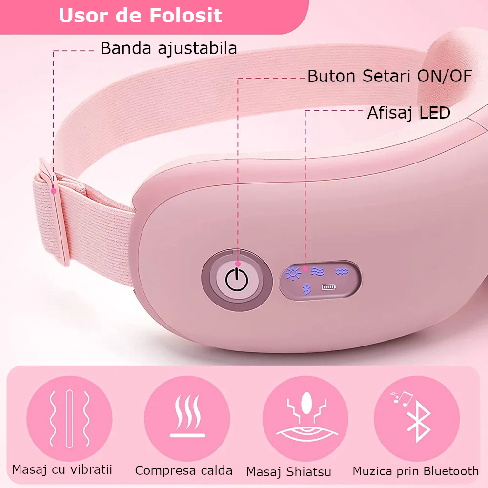 Aparat de Masaj pentru Ochi Clavi, Bluetooth, Muzica Ambientala, 4 Moduri de Masaj, Compresie Termica, Presopunctura, Perne de Aer, Vibratii, Reincarcabil USB, Banda Reglabila, Relaxare si Stimulare V [2]