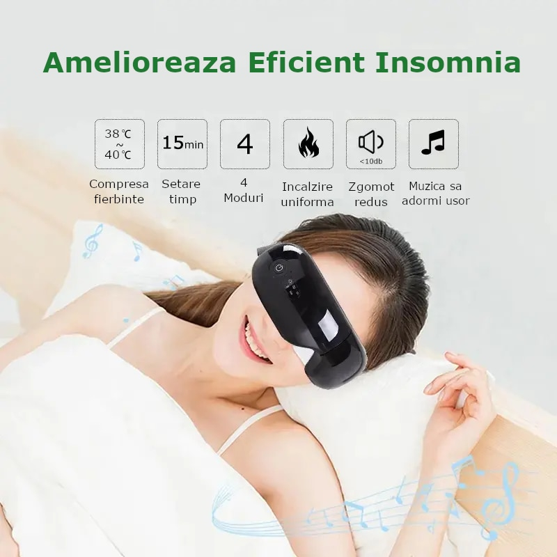 Aparat de Masaj pentru Ochi Clavi, Bluetooth, Muzica Ambientala, 4 Moduri de Masaj, Compresie Termica, Presopunctura, Perne de Aer, Vibratii, Reincarcabil USB, Banda Reglabila, Relaxare si Stimulare Vizuala, Negru [2]