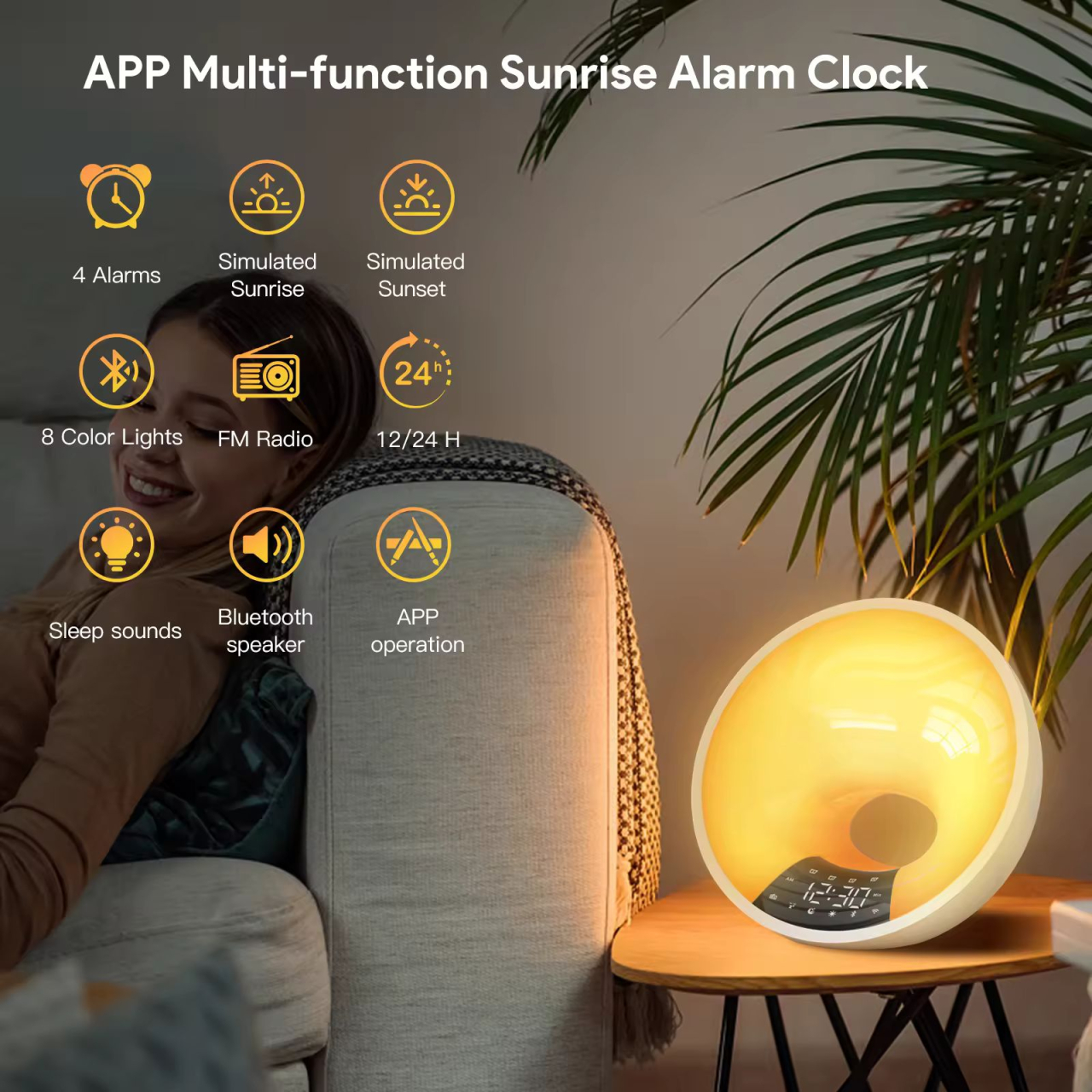 Ceas desteptator digital cu milioane de culori 25 sunete naturale si 6 preseturi ritmate de lumini, radio FM, conectare Bluetooth, aplicatie Android [2]