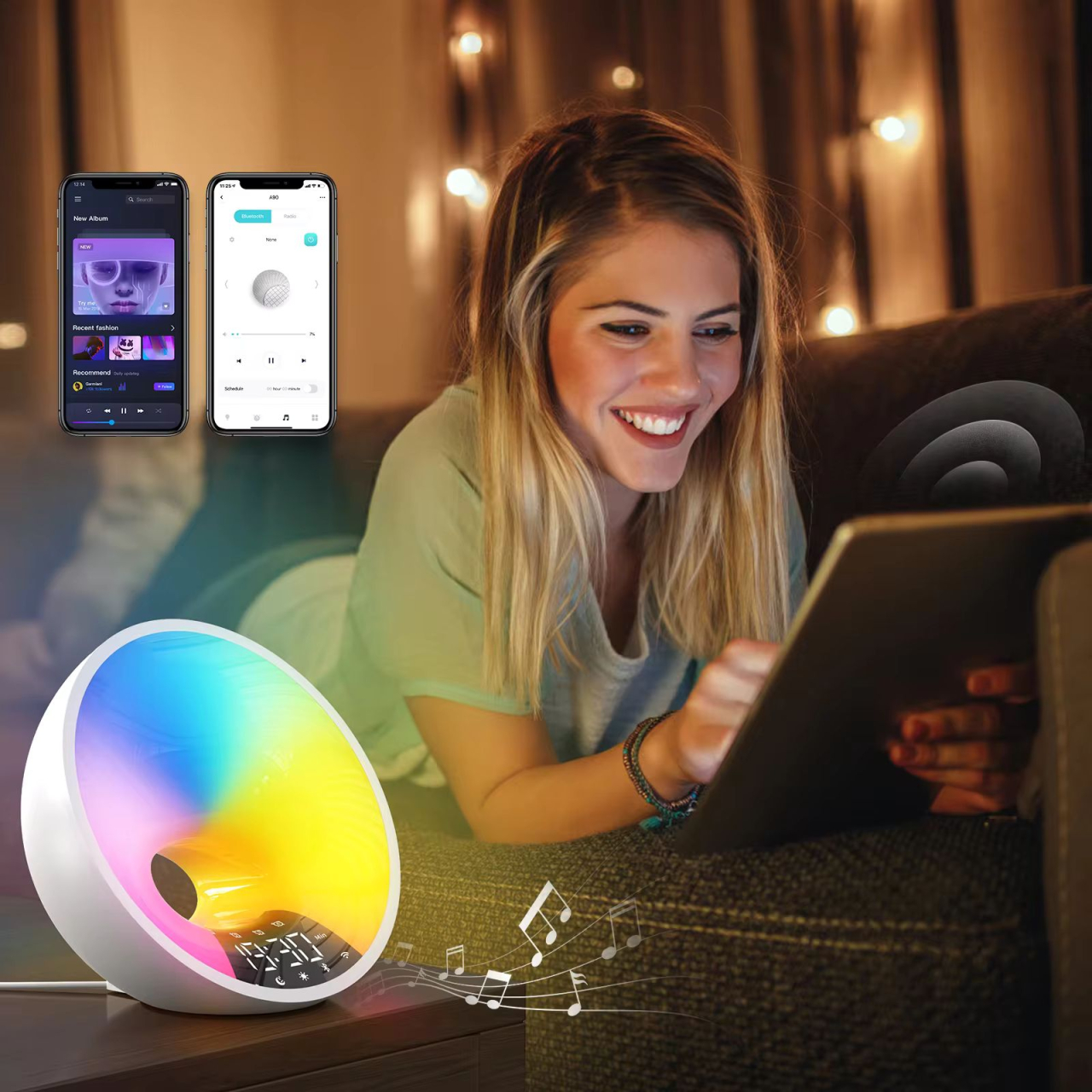 Ceas desteptator digital cu milioane de culori 25 sunete naturale si 6 preseturi ritmate de lumini, radio FM, conectare Bluetooth, aplicatie Android [10]