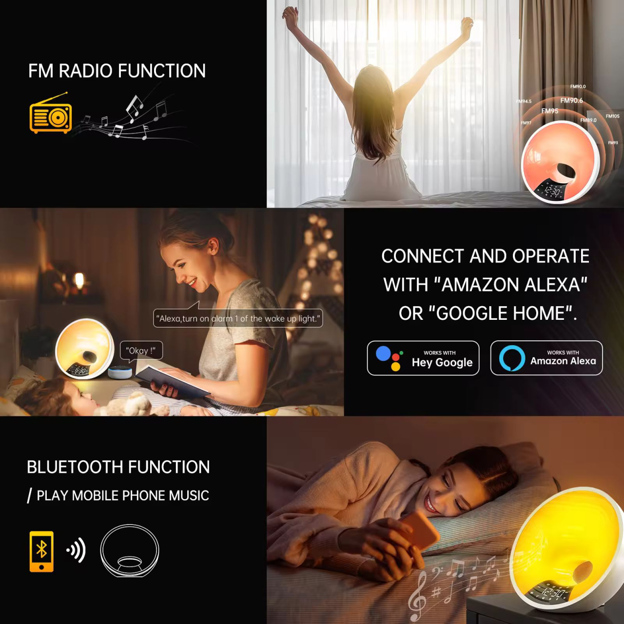 Ceas desteptator digital cu milioane de culori 25 sunete naturale si 6 preseturi ritmate de lumini, radio FM, conectare Bluetooth, aplicatie Android [11]