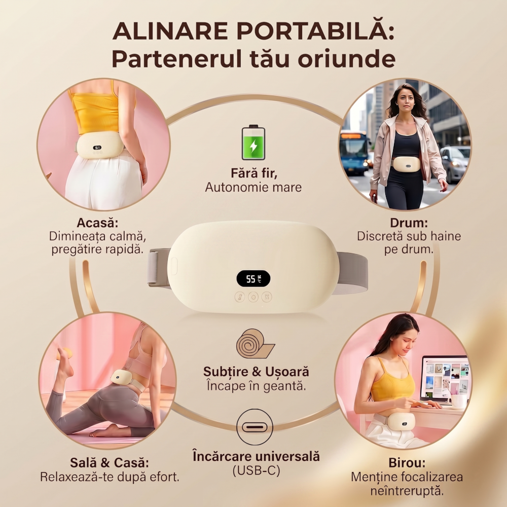 Centura Abdominala Termica Aparat de Masaj Clavi pentru Dureri Menstruale si Lombare, 5 Niveluri de Incalzire, 5 Moduri de Masaj cu Vibratie, Afisaj Digital Inteligent, Crem [6]