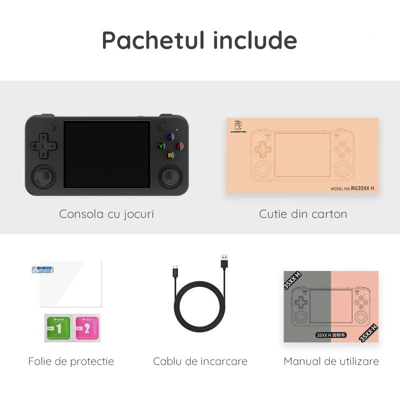 Consola portabila retro ANBERNIC RG35XX H cu jocuri, quad core Cortex-A53 1.5GHz, 1GB LPDDR4, IPS LCD 3.5" 640x480, 3300 mAh, WiFi 5, Bluetooth 4.2, negru [13]