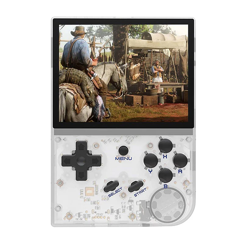 Consola retro ANBERNIC RG35XX 64GB cu jocuri, quad core Cortex-A53 1.5GHz, 1GB LPDDR4, IPS LCD 3.5" 640x480 4:3, acumulator 2600 mAh, alb transparent, portabila [1]