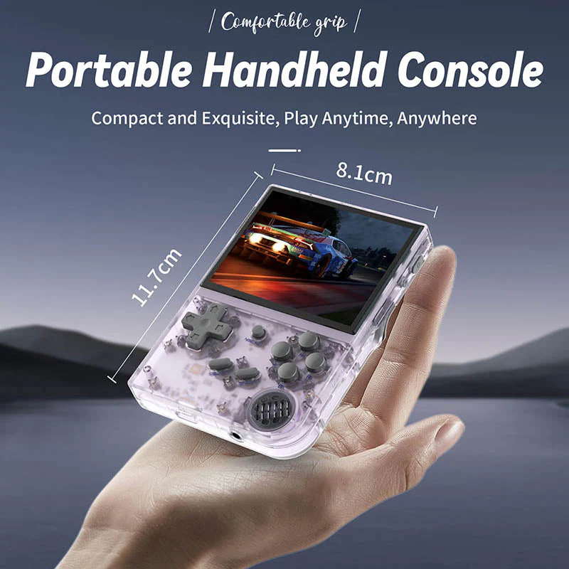 Consola retro ANBERNIC RG35XX 64GB cu jocuri, quad core Cortex-A53 1.5GHz, 1GB LPDDR4, IPS LCD 3.5" 640x480 4:3, acumulator 2600 mAh, mov transparent, portabila [12]