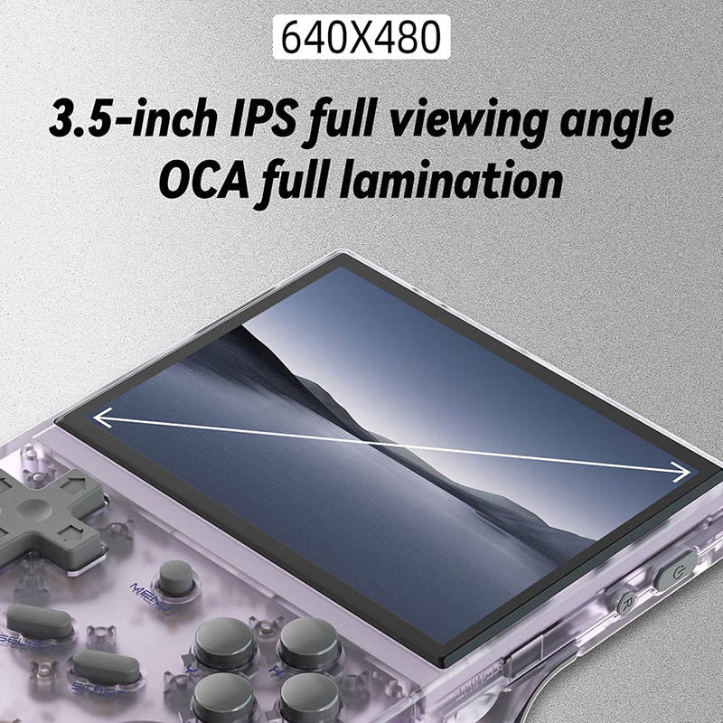 Consola retro ANBERNIC RG35XX 64GB cu jocuri, quad core Cortex-A53 1.5GHz, 1GB LPDDR4, IPS LCD 3.5" 640x480 4:3, acumulator 2600 mAh, mov transparent, portabila [9]