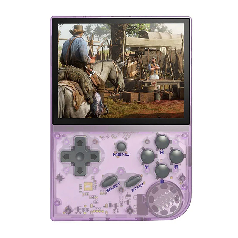 Consola retro ANBERNIC RG35XX 64GB cu jocuri, quad core Cortex-A53 1.5GHz, 1GB LPDDR4, IPS LCD 3.5" 640x480 4:3, acumulator 2600 mAh, mov transparent, portabila [1]