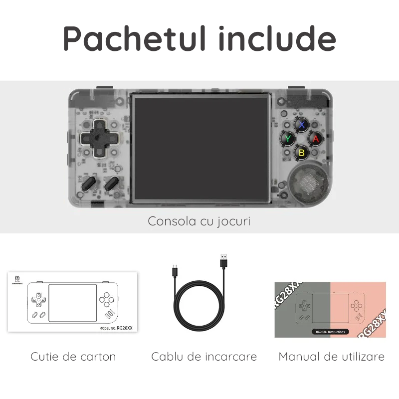 Consola retro portabila Anbernic RG28XX 64GB cu jocuri, quad core Cortex-A35 1.5GHz, 1GB LPDDR4, IPS LCD 3.5" 640x480, 3100 mAh, negru transparent [10]