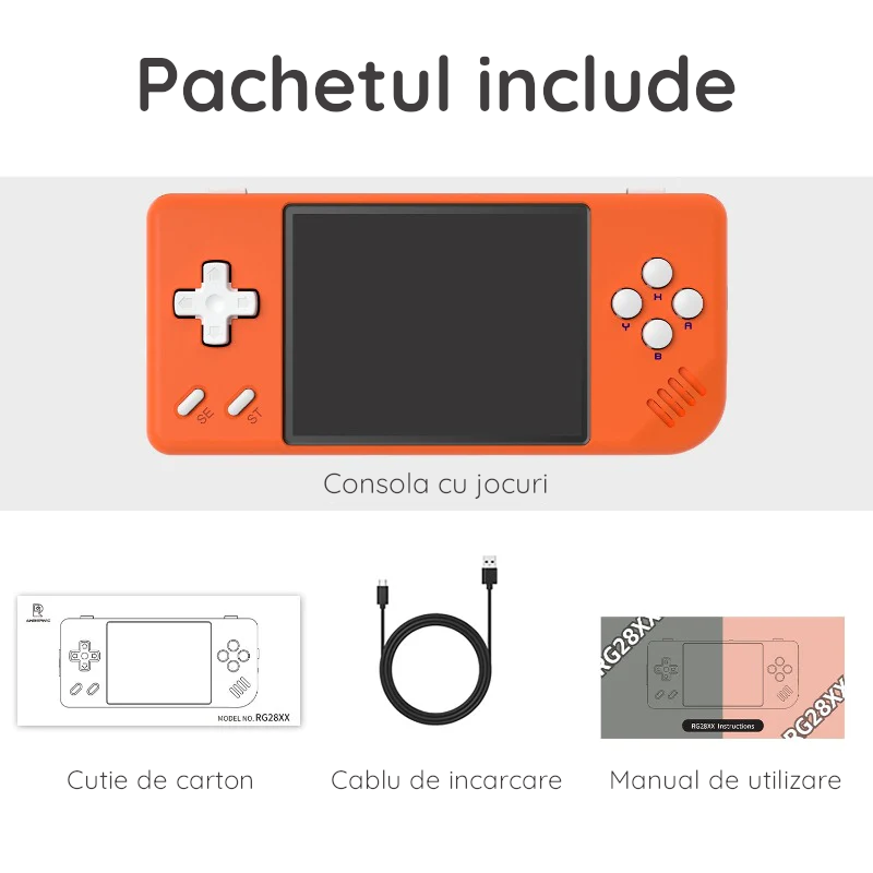 Consola retro portabila Anbernic RG28XX 64GB cu jocuri, quad core Cortex-A35 1.5GHz, 1GB LPDDR4, IPS LCD 3.5" 640x480, 3100 mAh, portocaliu [10]