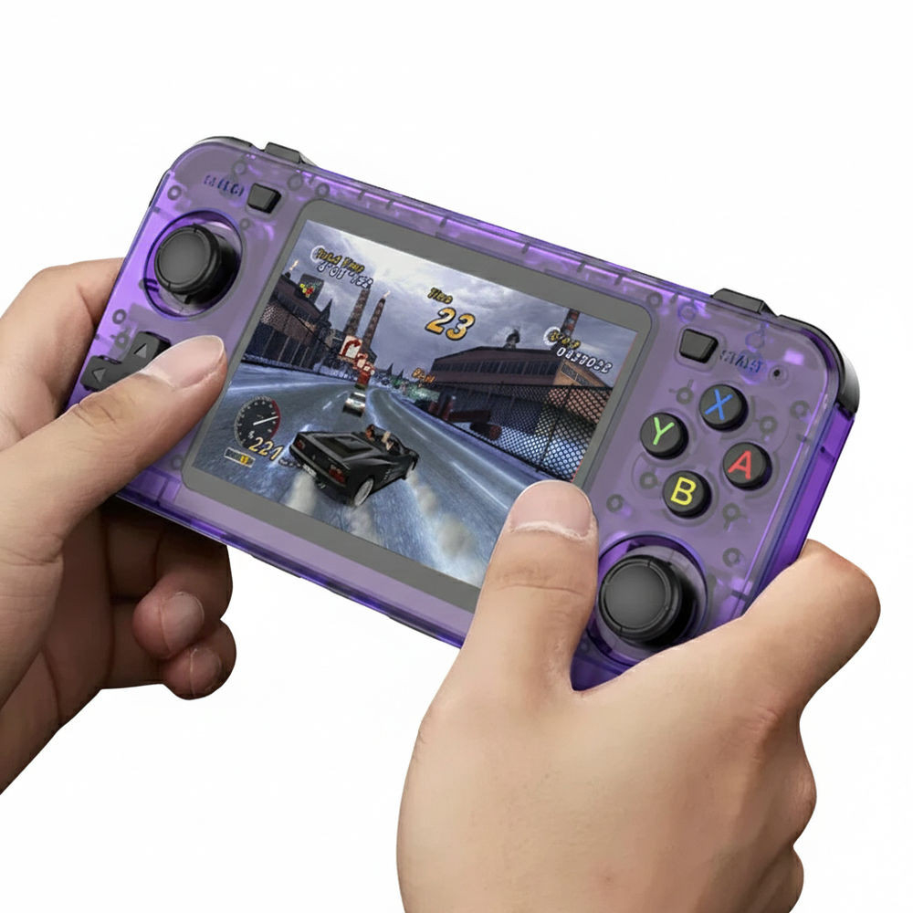 Consola retro portabila R36H 64GB cu jocuri, quad core Cortex-A53 1.5GHz, 1GB DDR3, IPS LCD 3.5" 640x480, 3000 mAh, mov transparent [2]