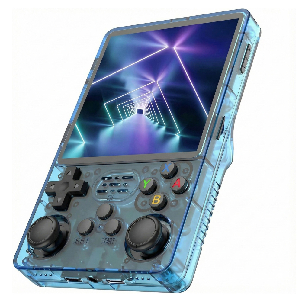 Consola retro portabila R36S 64GB cu jocuri, quad core Cortex-A53 1.5GHz, 1GB DDR3, IPS LCD 3.5" 640x480, 3200 mAh, albastru transparent [6]