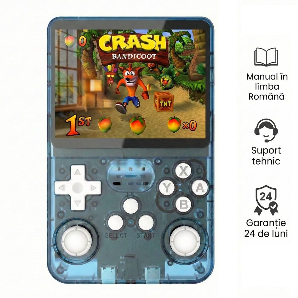 Consola retro portabila R36S 64GB cu jocuri, quad core Cortex-A53 1.5GHz, 1GB DDR3, IPS LCD 3.5" 640x480, 3200 mAh, albastru transparent [2]