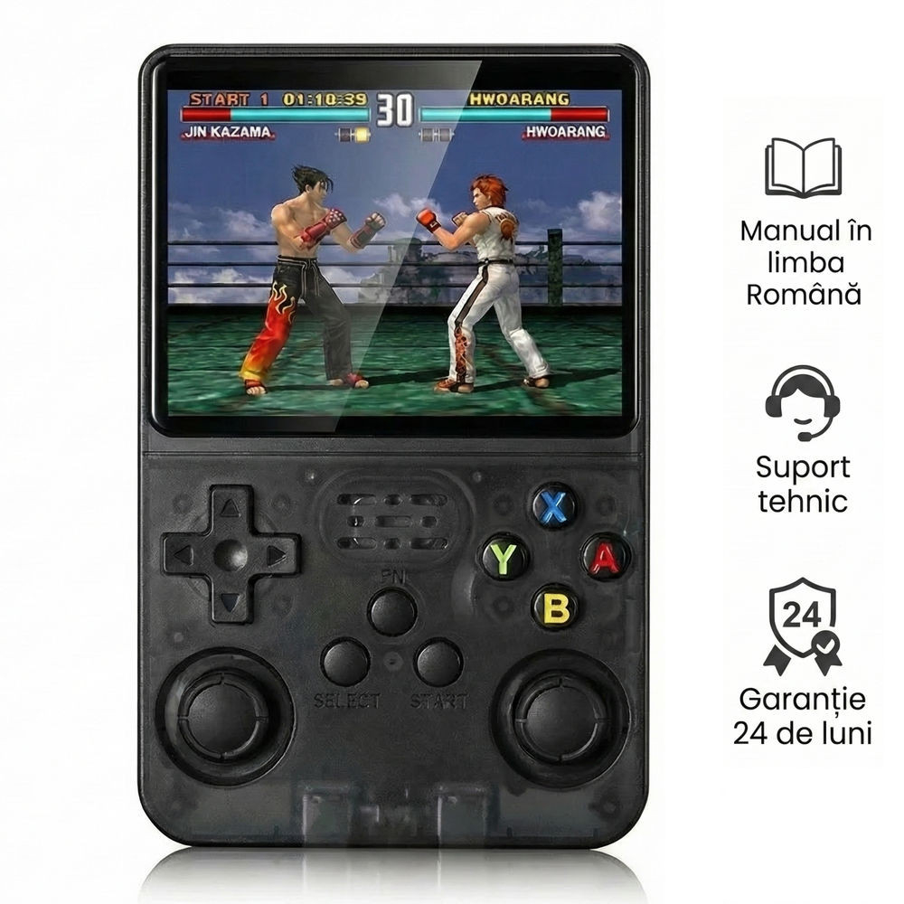 Consola retro portabila R36S 64GB cu jocuri, quad core Cortex-A53 1.5GHz, 1GB DDR3, IPS LCD 3.5" 640x480, 3200 mAh, negru transparent [2]