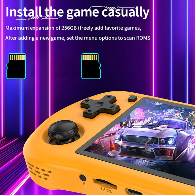 Consola retro Powkiddy X35H 64GB cu jocuri, quad core Cortex-A55 2.0GHz, 1GB RAM, IPS LCD 3.5" 640x480 4:3, acumulator 3000 mAh, bluetooth, portocalie, portabila [4]