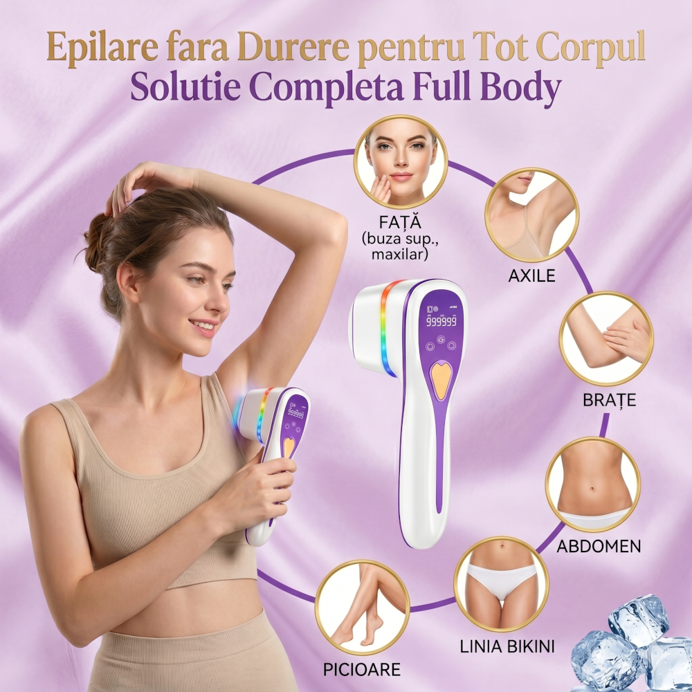Epilator IPL 3 IN 1, Premium Clavi, Epilare Definitiva fara Durere, Inovatie Cap Rotativ 180°, 10 Nivele de Intensitate, Tehnologie Ice-Cooling, Senzor Piele cu Lumina LED, Alb/Mov [6]