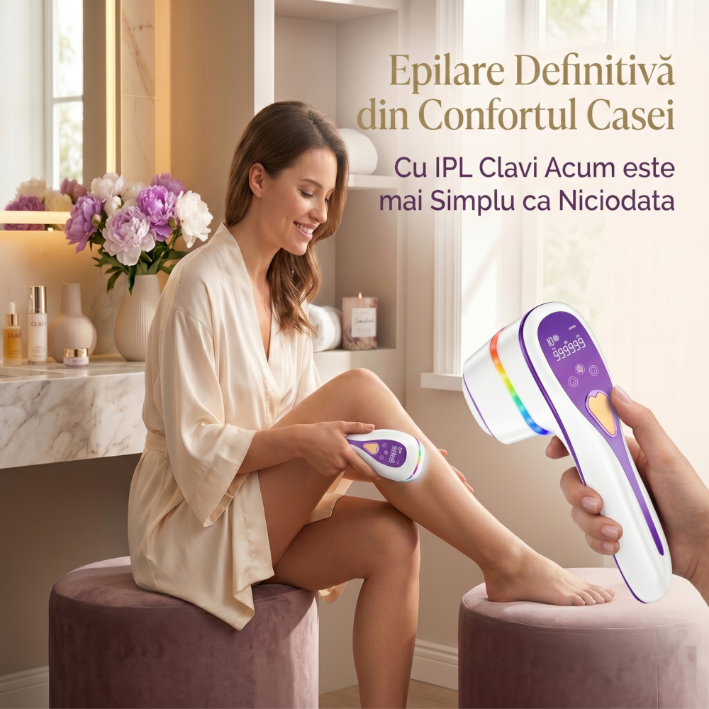 Epilator IPL 3 IN 1, Premium Clavi, Epilare Definitiva fara Durere, Inovatie Cap Rotativ 180°, 10 Nivele de Intensitate, Tehnologie Ice-Cooling, Senzor Piele cu Lumina LED, Alb/Mov [4]