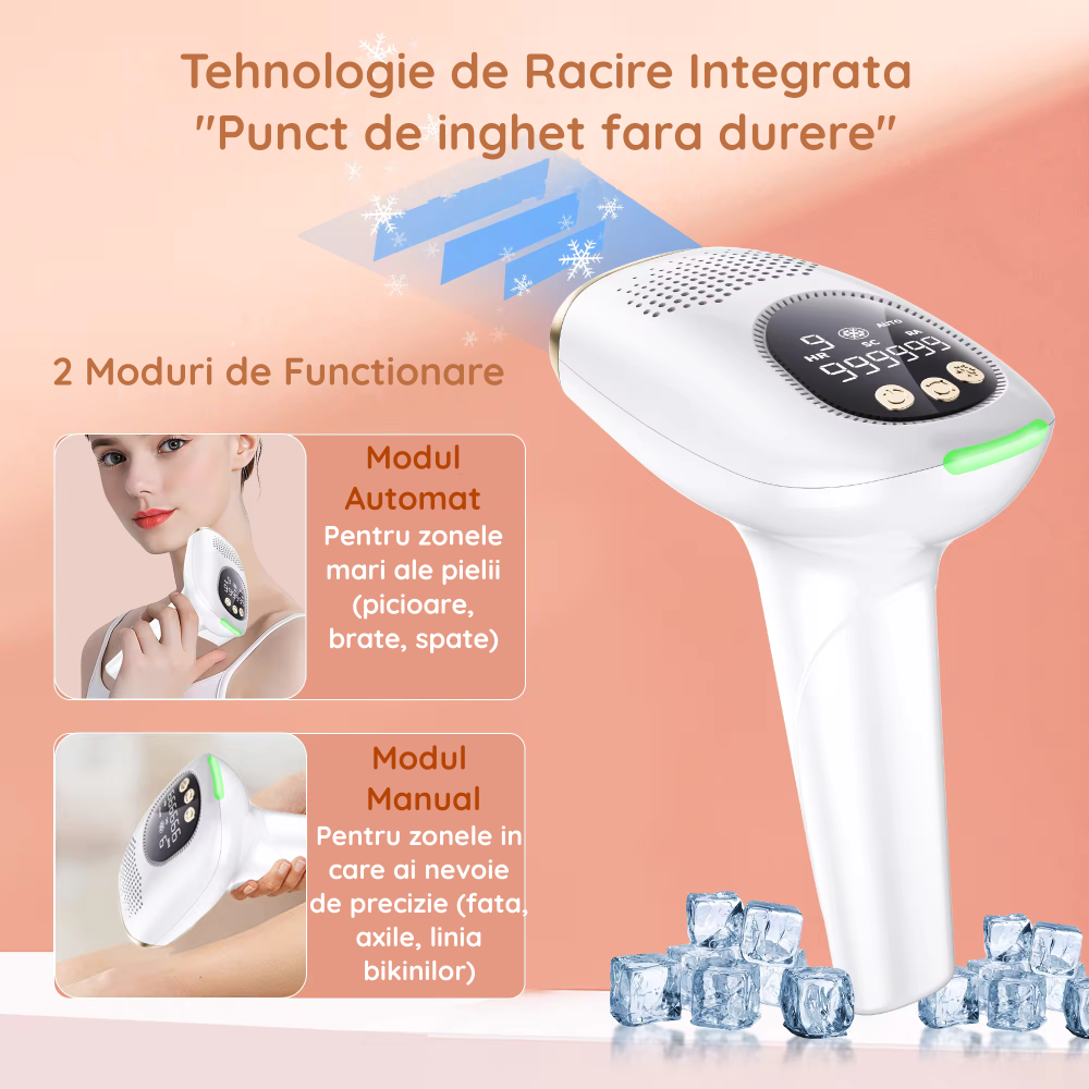Epilator IPL Clavi, Premium, Functie ICE Cool cu Racire, Epilare Definitiva, Intinerire Piele, Reducere Acnee, 9 Trepte de Intensitate, 999 999 Pulsatii, 2 Capete de Schimb, Senzor Piele, Alb Auriu [5]