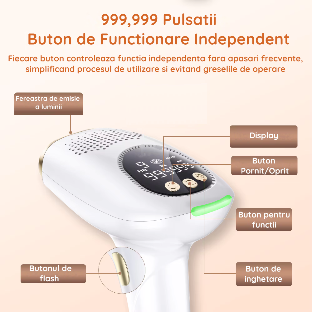Epilator IPL Clavi, Premium, Functie ICE Cool cu Racire, Epilare Definitiva, Intinerire Piele, Reducere Acnee, 9 Trepte de Intensitate, 999 999 Pulsatii, 2 Capete de Schimb, Senzor Piele, Alb Auriu [9]