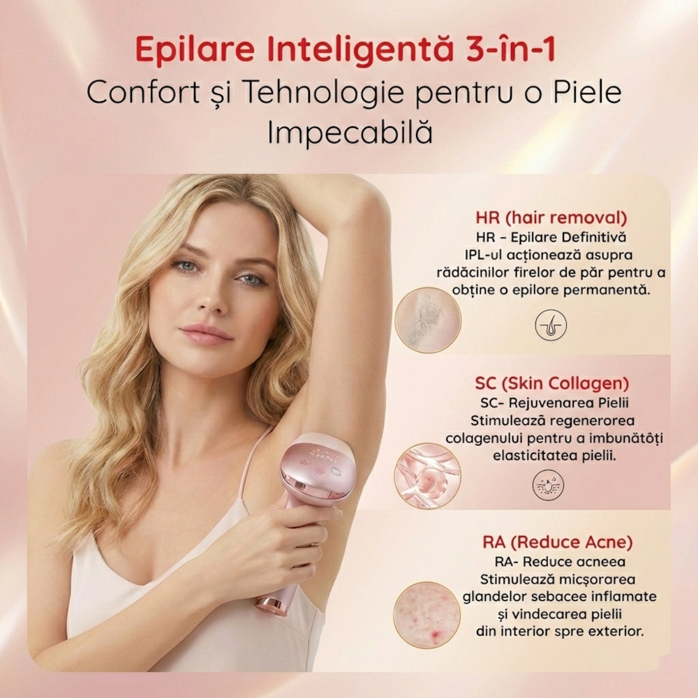 Epilator IPL Clavi, Premium, Functie ICE Cool cu Racire, Epilare Definitiva, Intinerire Piele, Reducere Acnee, 9 Trepte de Intensitate, 999 999 Pulsatii, 2 Capete de Schimb, Senzor Piele, Roz [2]