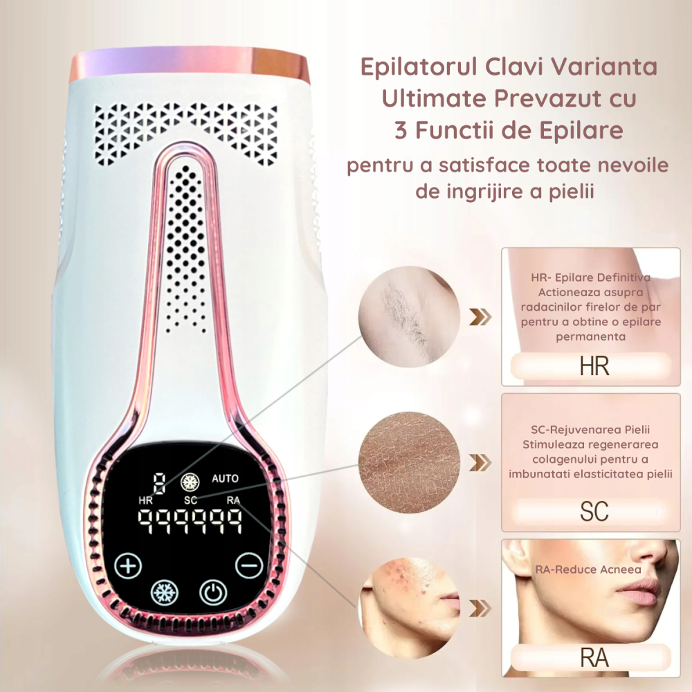Epilator IPL Clavi, Ultimate, Functie ICE Cool cu Racire, Epilare Definitiva, Intinerire Piele, Reducere Acnee, 9 Trepte de Intensitate, 999 999 Pulsatii, Senzor Piele, Alb Nature [4]