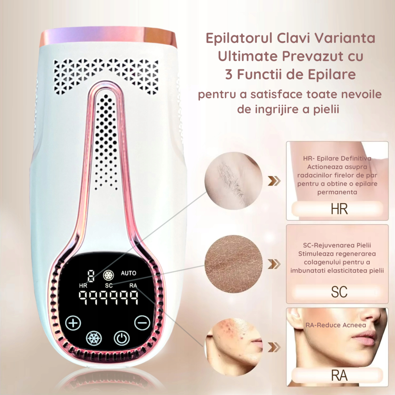 Epilator IPL Clavi, Ultimate, Functie ICE Cool cu Racire, Epilare Definitiva, Intinerire Piele, Reducere Acnee, 9 Trepte de Intensitate, 999 999 Pulsatii, Senzor Piele, Alb Nature [4]