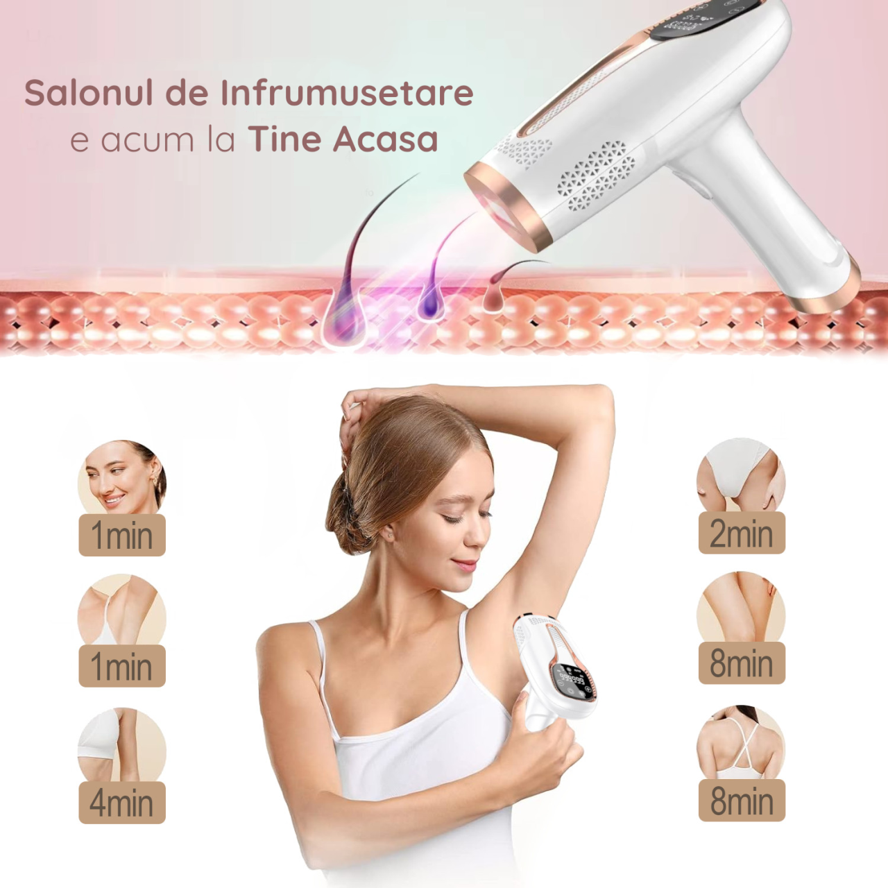 Epilator IPL Clavi, Ultimate, Functie ICE Cool cu Racire, Epilare Definitiva, Intinerire Piele, Reducere Acnee, 9 Trepte de Intensitate, 999 999 Pulsatii, Senzor Piele, Alb Nature [8]