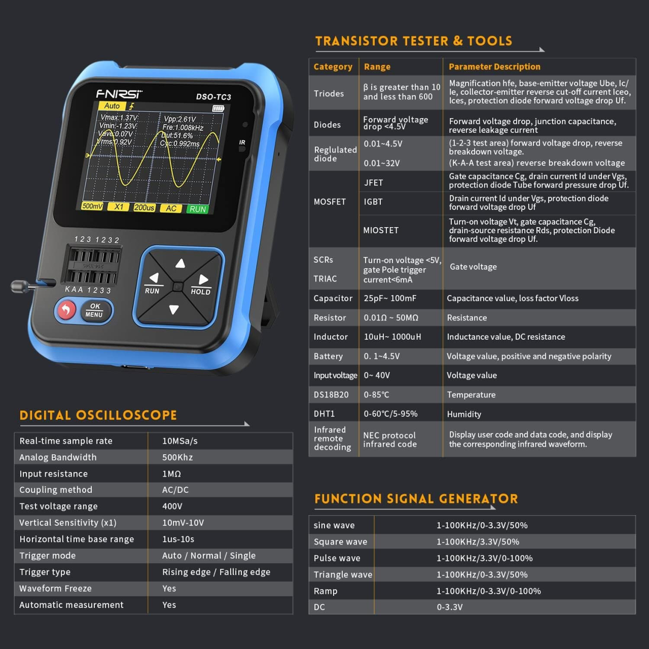 Osciloscop digital DSO-TC3 (High Profile), MOSMAOO®, Generator de semnal, Tester de tranzistori, Cu rol de multimetru, Masoara temperatura si umiditatea, Cu senzor infrarosu, Albastru [8]