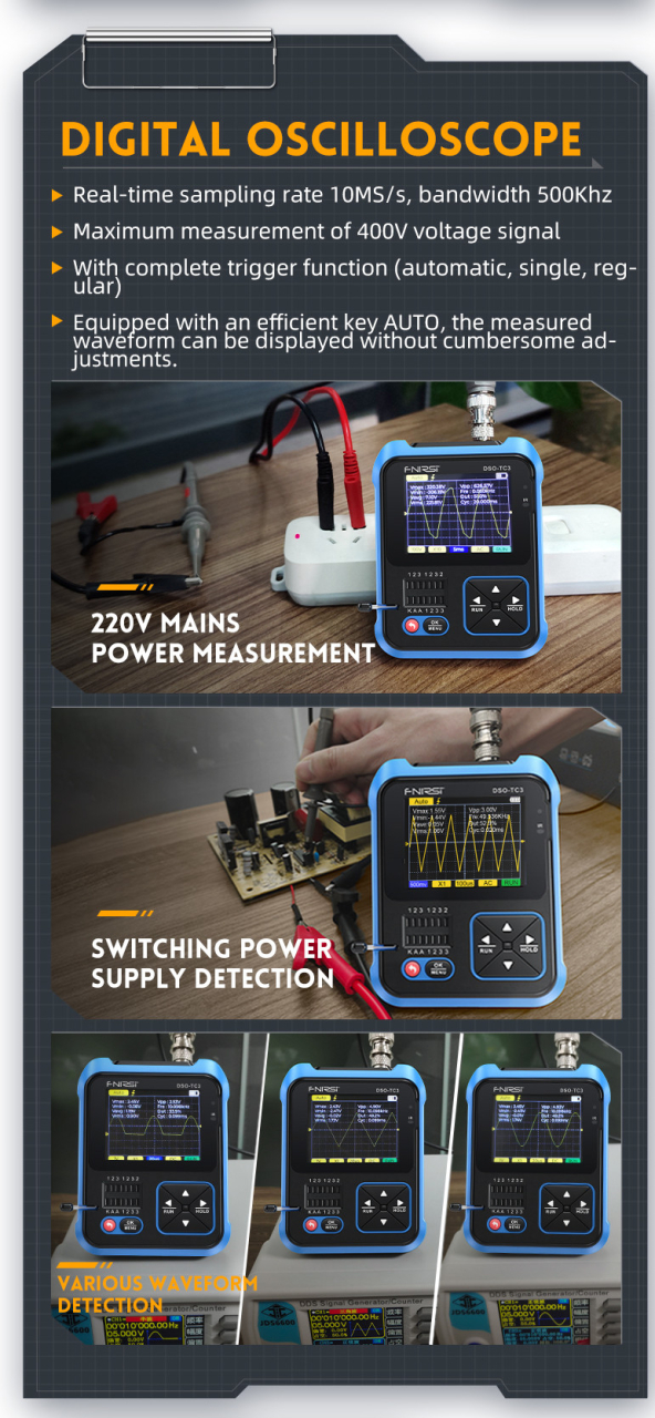 Osciloscop digital FNIRSI DSO-TC3 (Standard), cu rol de multimetru, generator de semnal, tester de tranzistori, masoara temperatura si umiditatea si cu senzor infrarosu [11]