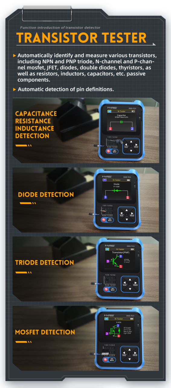 Osciloscop digital FNIRSI DSO-TC3 (Standard), cu rol de multimetru, generator de semnal, tester de tranzistori, masoara temperatura si umiditatea si cu senzor infrarosu [12]