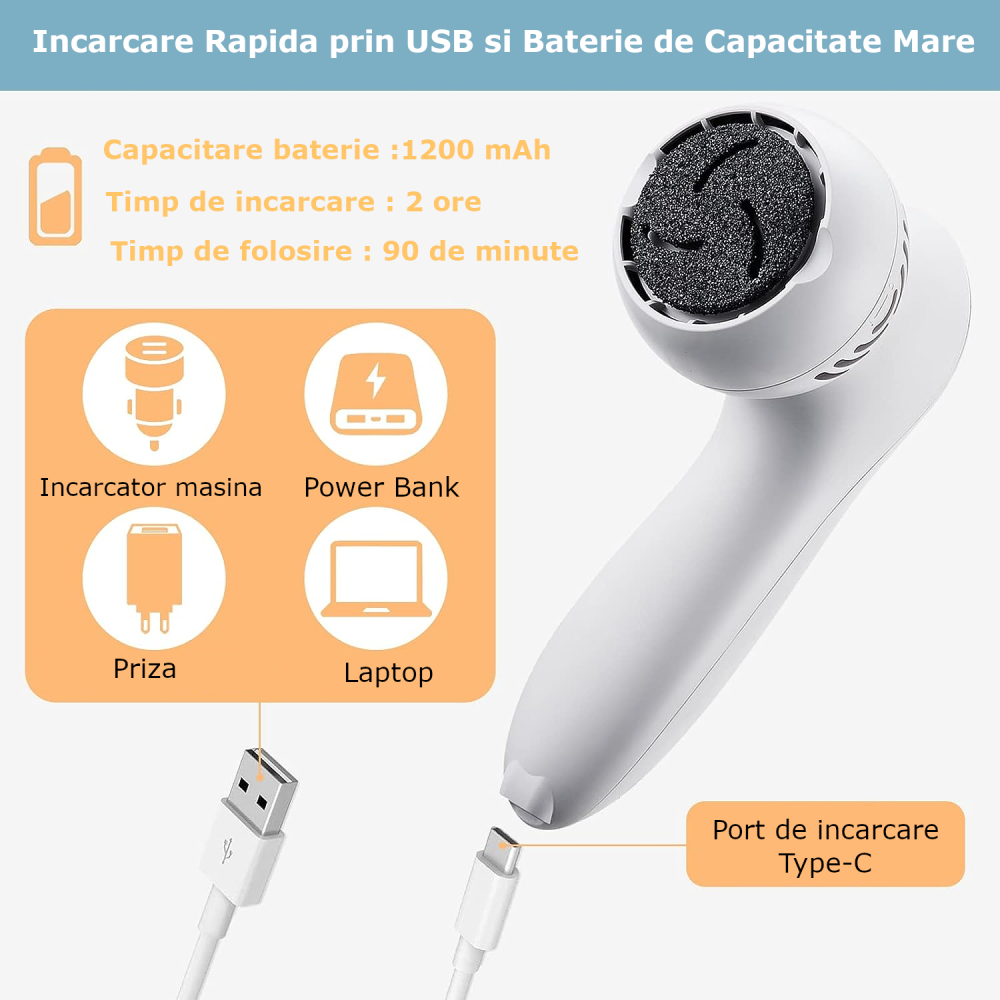 Pila Electrica pentru Talpi si Calcaie Clavi, cu 18 accesorii, Indepartare Piele Moarta si Bataturi, Afisaj Digital, Incarcare USB, Alb [6]