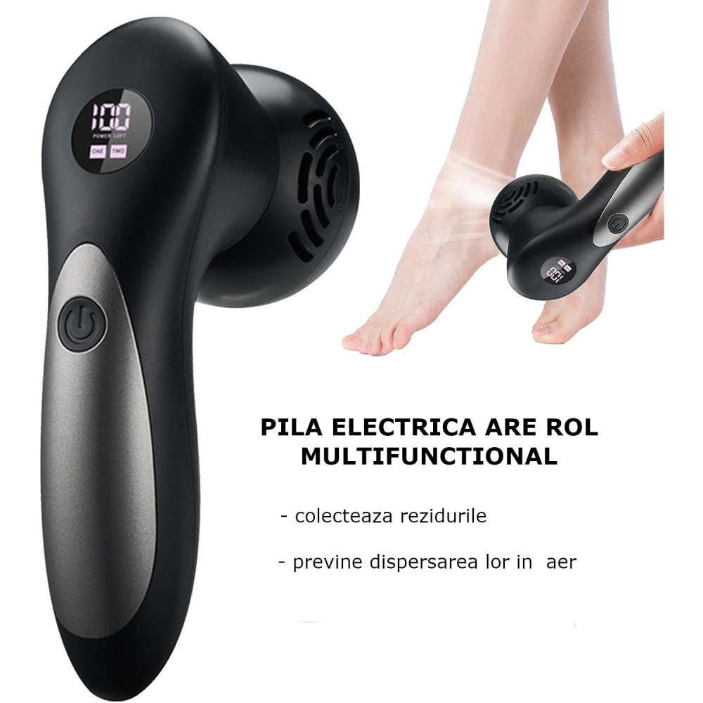 Pila Electrica pentru Talpi si Calcaie Clavi, cu 18 accesorii, Indepartare Piele Moarta si Bataturi, Afisaj Digital, Incarcare USB, Negru [6]