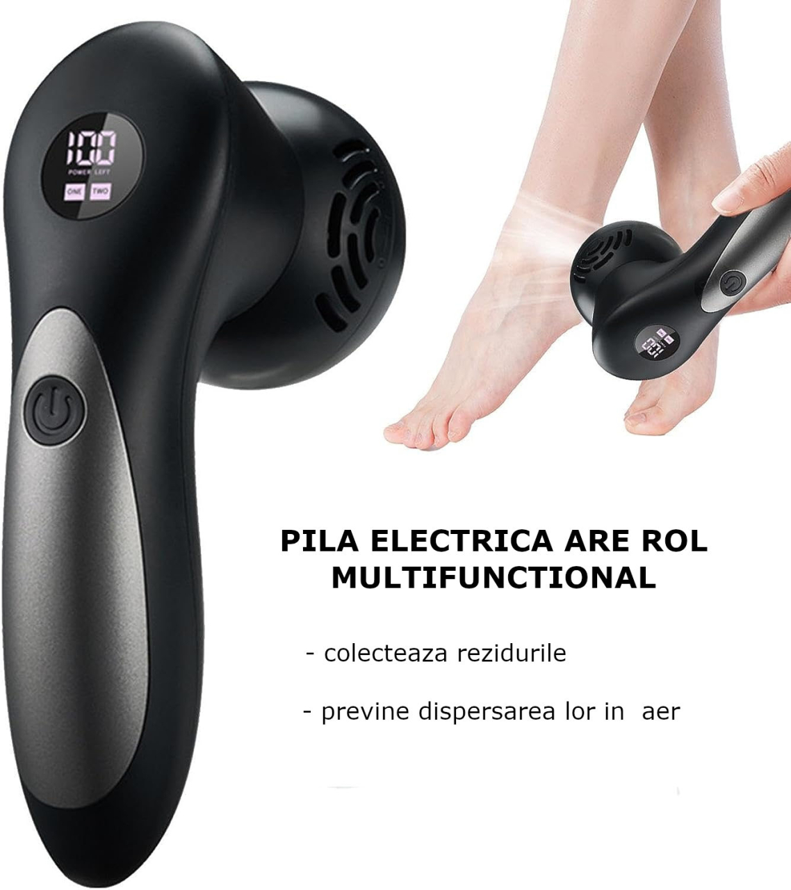 Pila Electrica pentru Talpi si Calcaie Clavi, cu 18 accesorii, Indepartare Piele Moarta si Bataturi, Afisaj Digital, Incarcare USB, Negru [6]