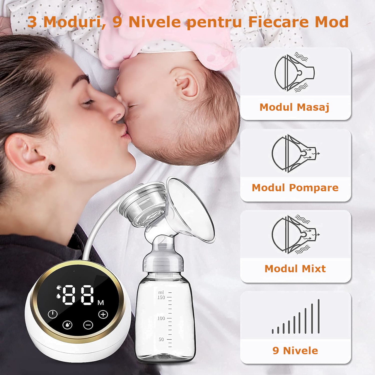 Pompa de San Electrica Dubla, Clavi, cu 2 Biberoane, Functie de Masaj, Afisaj Digital, 9 Nivele de Aspiratie, Fara BPA, Portabila, Alba [3]