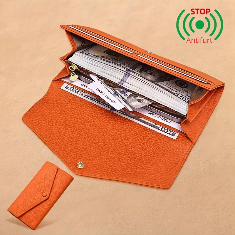 Portofel Dama Clavi din Piele Naturala, Protectie RFID, Portocaliu, 19x10.5x3 cm [3]