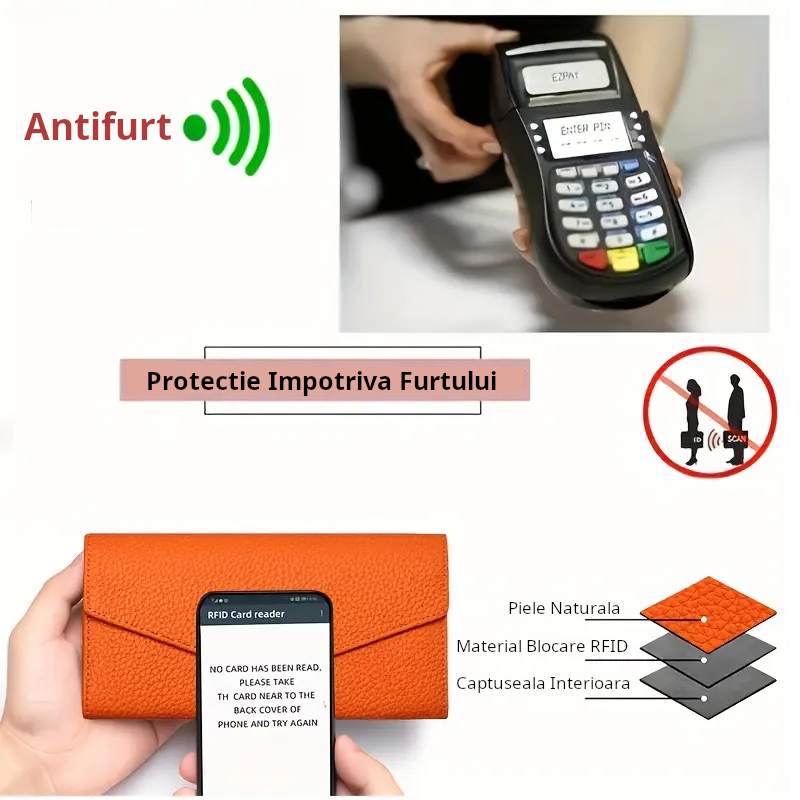 Portofel Dama Clavi din Piele Naturala, Protectie RFID, Portocaliu, 19x10.5x3 cm [5]