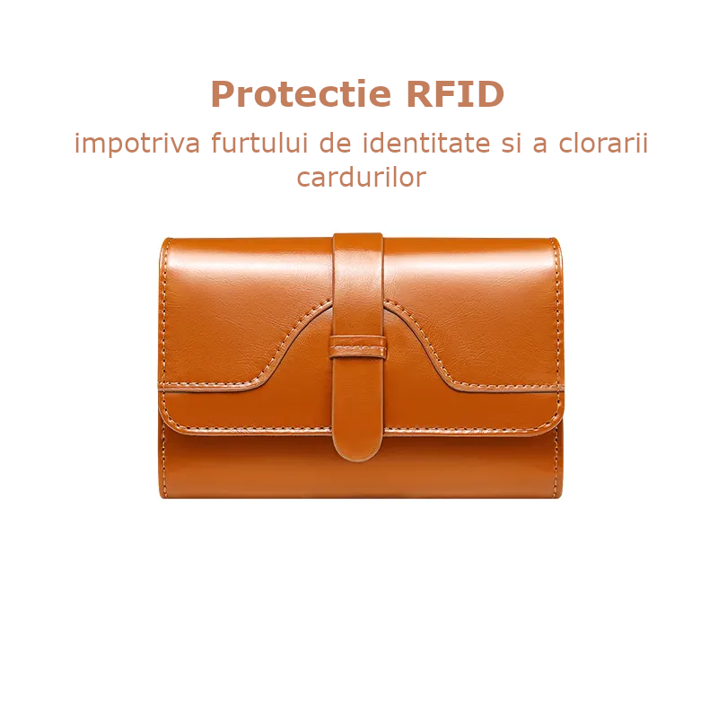 Portofel de Dama Din Piele Naturala, Clavi, Compact, Design Vintage, Blocare RFID, 9x14x3cm, Maro [2]