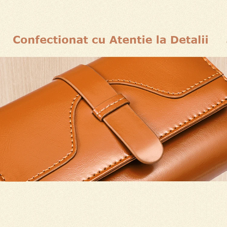 Portofel de Dama Din Piele Naturala, Clavi, Compact, Design Vintage, Blocare RFID, 9x14x3cm, Maro [8]