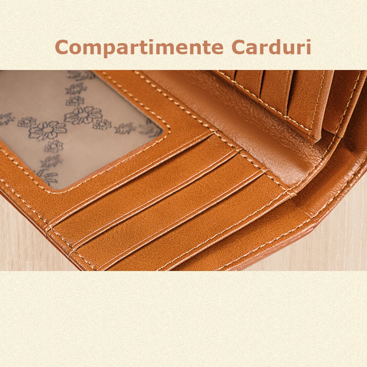 Portofel de Dama Din Piele Naturala, Clavi, Compact, Design Vintage, Blocare RFID, 9x14x3cm, Maro [10]