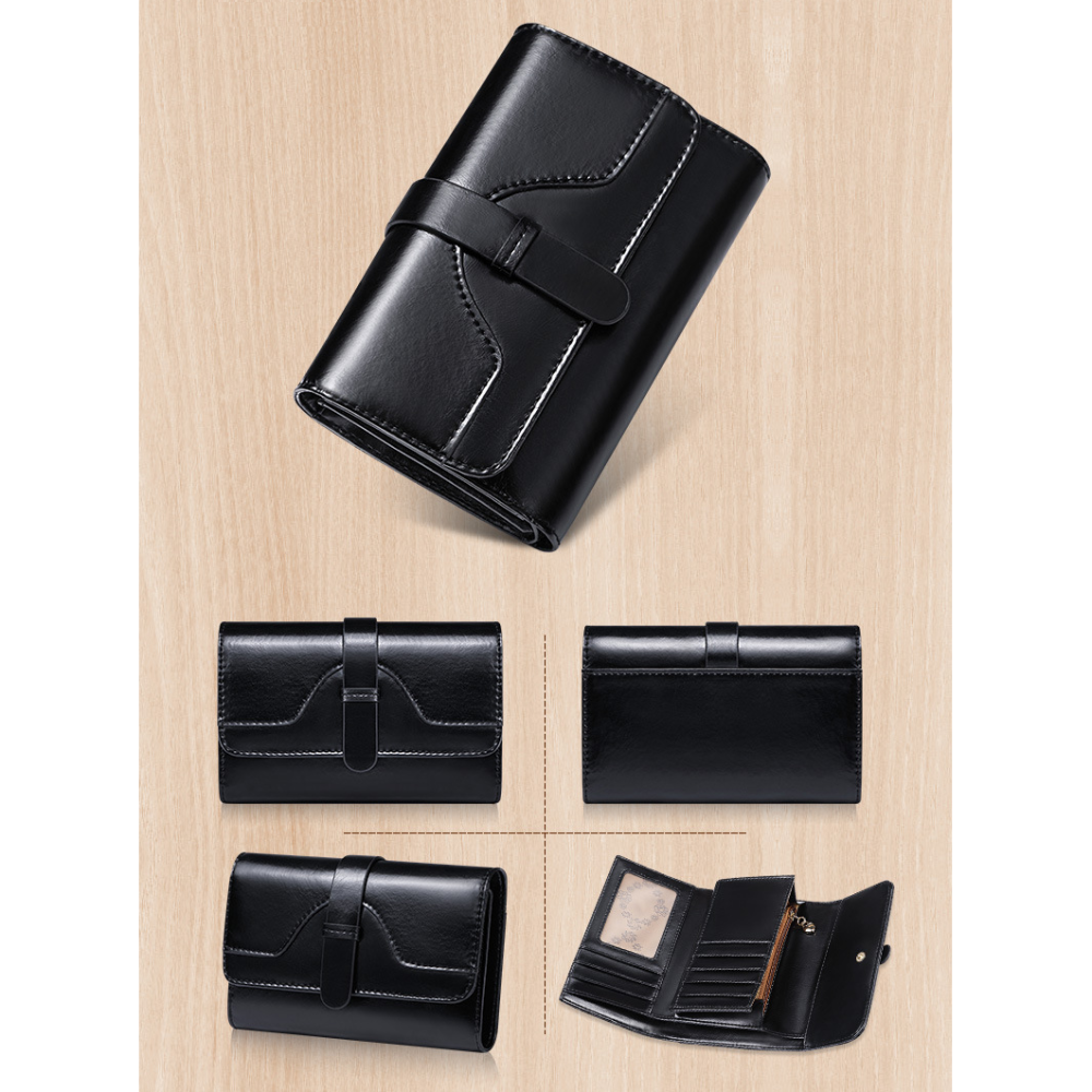 Portofel de Dama Din Piele Naturala, Clavi, Compact, Design Vintage, Blocare RFID, 9x14x3cm, Negru [6]