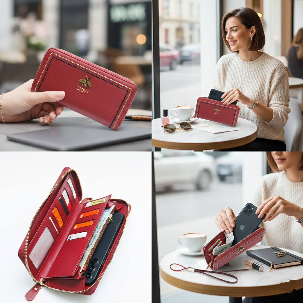 Portofel de Dama din Piele Naturala Clavi, cu Accesoriu, Spatios, cu Protectie RFID, Dimensiuni 20x10.5x3.5 cm, Rosu [6]