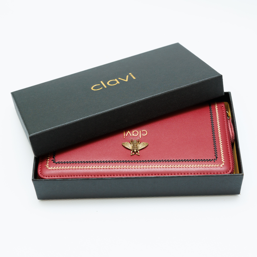 Portofel de Dama din Piele Naturala Clavi, cu Accesoriu, Spatios, cu Protectie RFID, Dimensiuni 20x10.5x3.5 cm, Rosu [8]