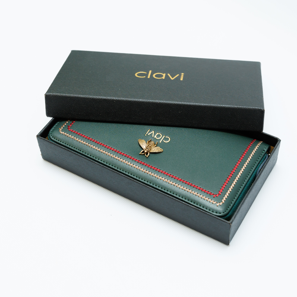 Portofel de Dama din Piele Naturala Clavi, cu Accesoriu, Spatios, cu Protectie RFID, Dimensiuni 20x10.5x3.5 cm, Verde [7]